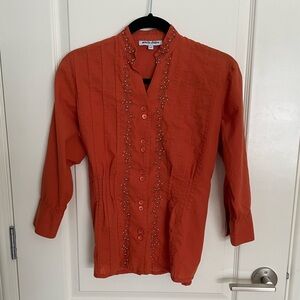 Marie Claire Burnt Orange Embroidered Beaded Cotton Blouse Tie Back - Small